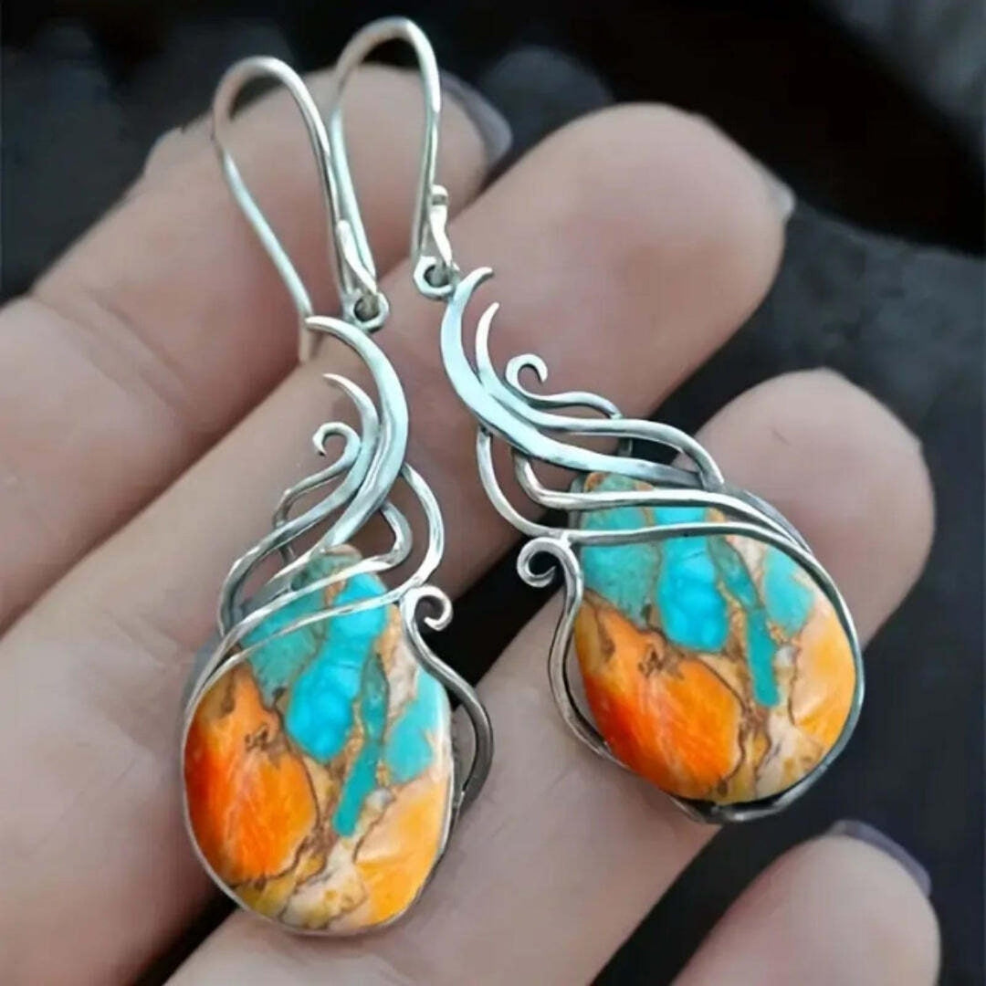Blauwe en Oranje Edelstenen Dangle Oorbellen