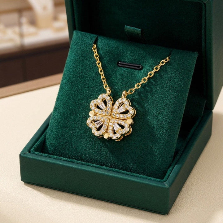 Gouden Klavertje Vier Ketting met Zirkonia Hart Hanger