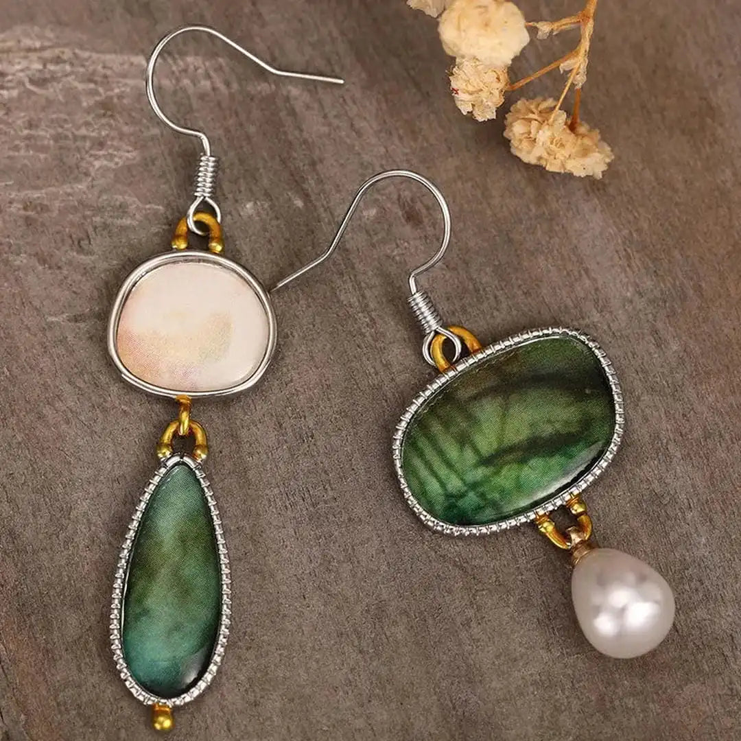 Vintage Groene en Witte Steen Oorbellen