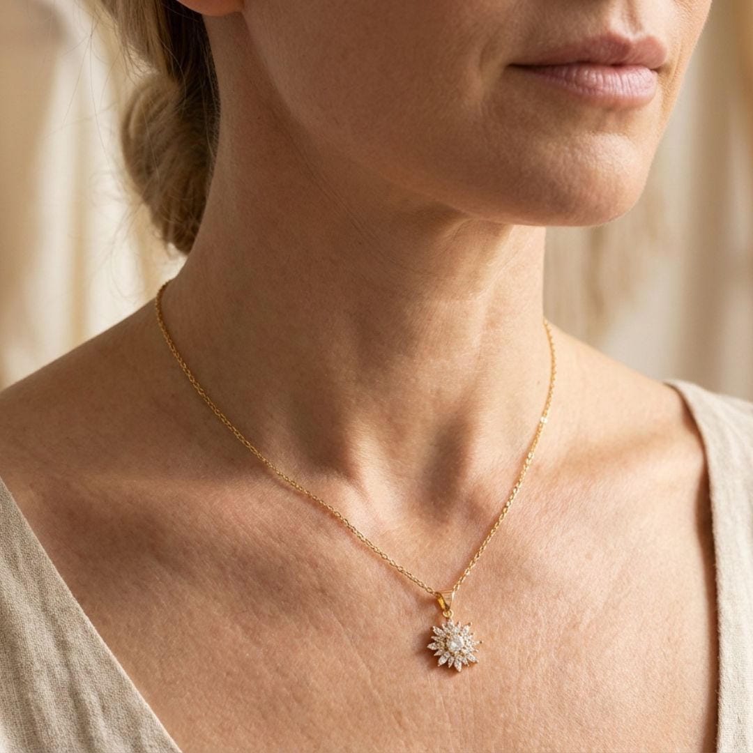 Trendy Zilveren Zonnebloem Zirkoon Ketting & Oorbellen Set