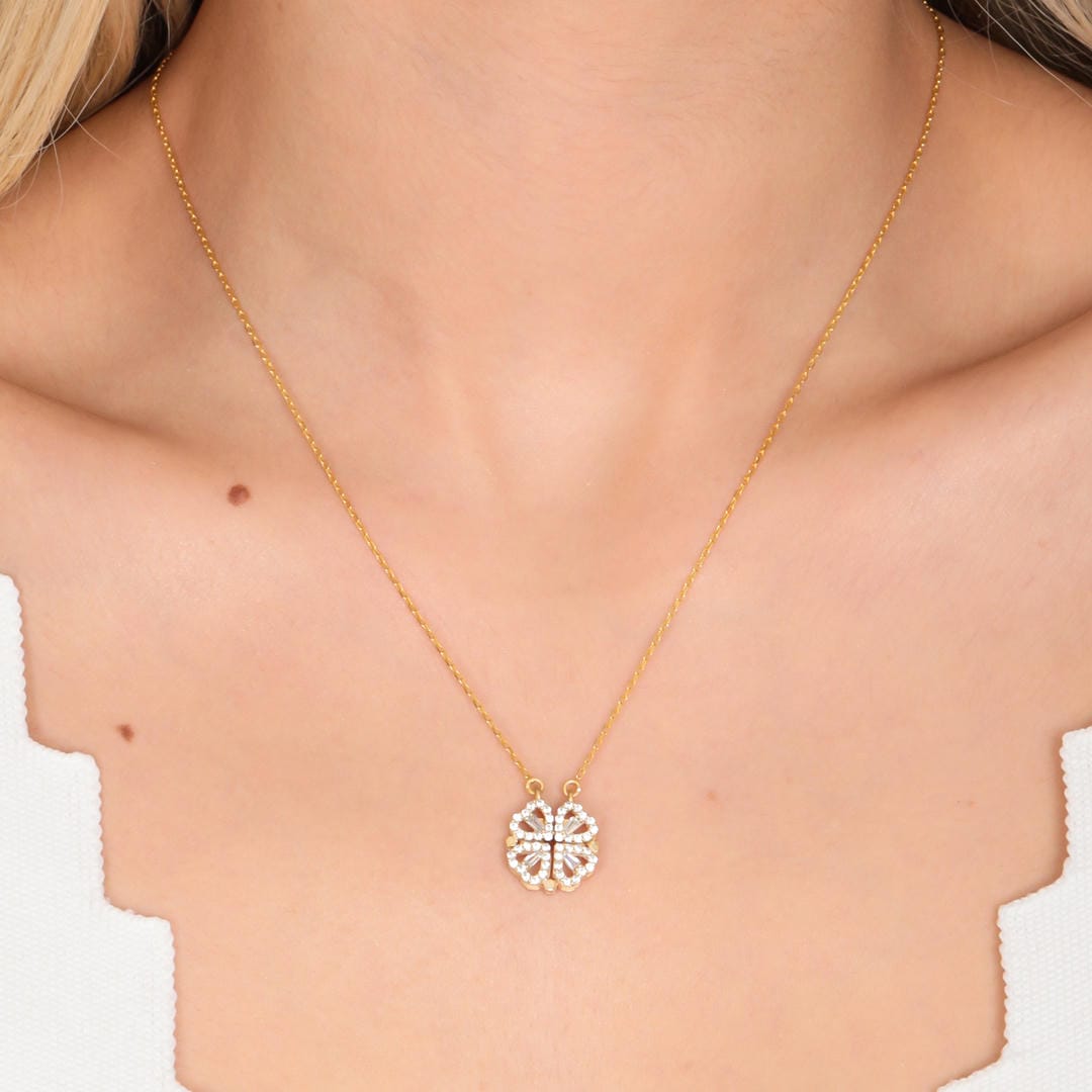 Gouden Klavertje Vier Ketting met Zirkonia Hart Hanger