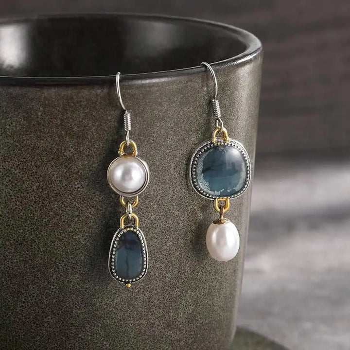 Vintage Blauwe Steen Parel Oorbellen