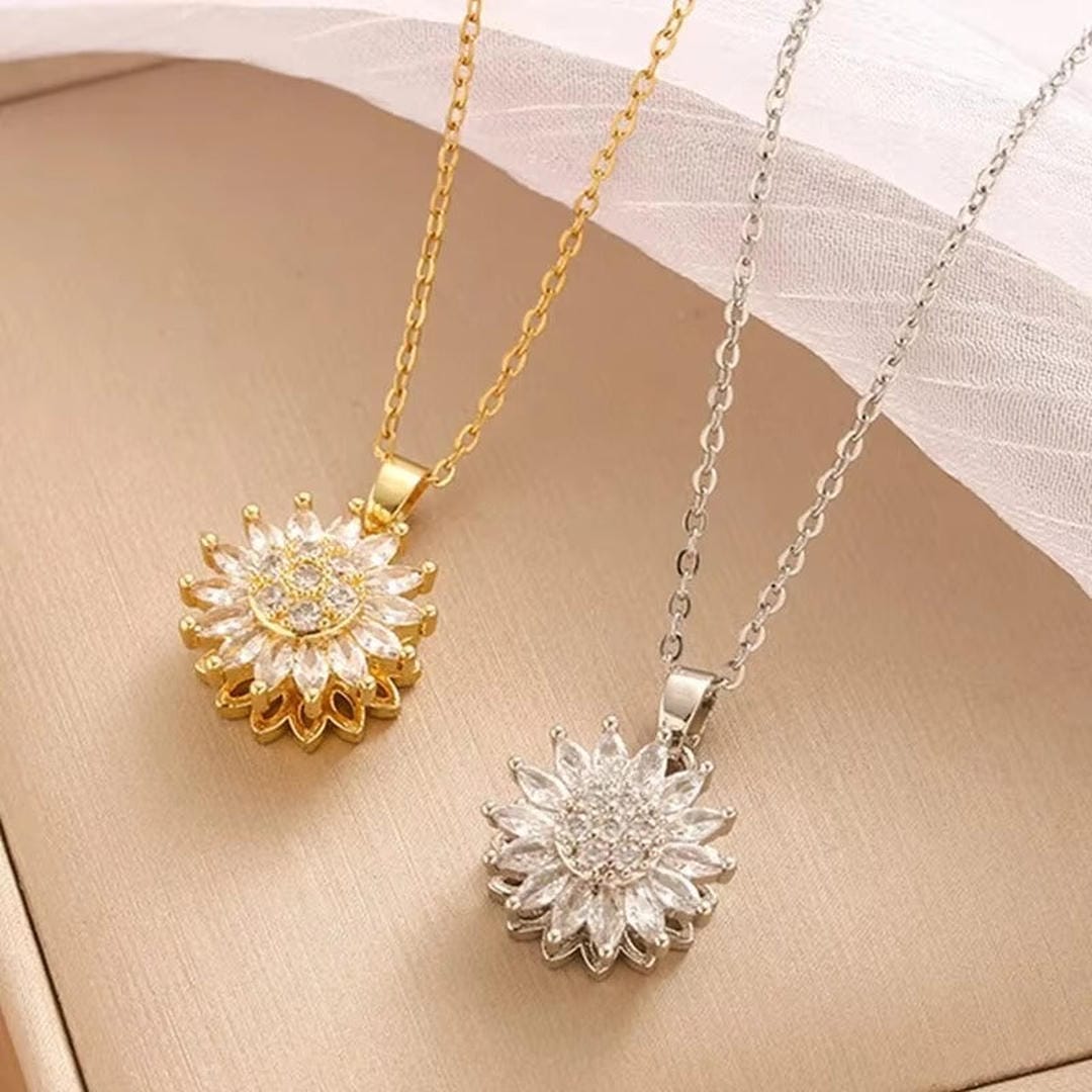 Trendy Zilveren Zonnebloem Zirkoon Ketting & Oorbellen Set