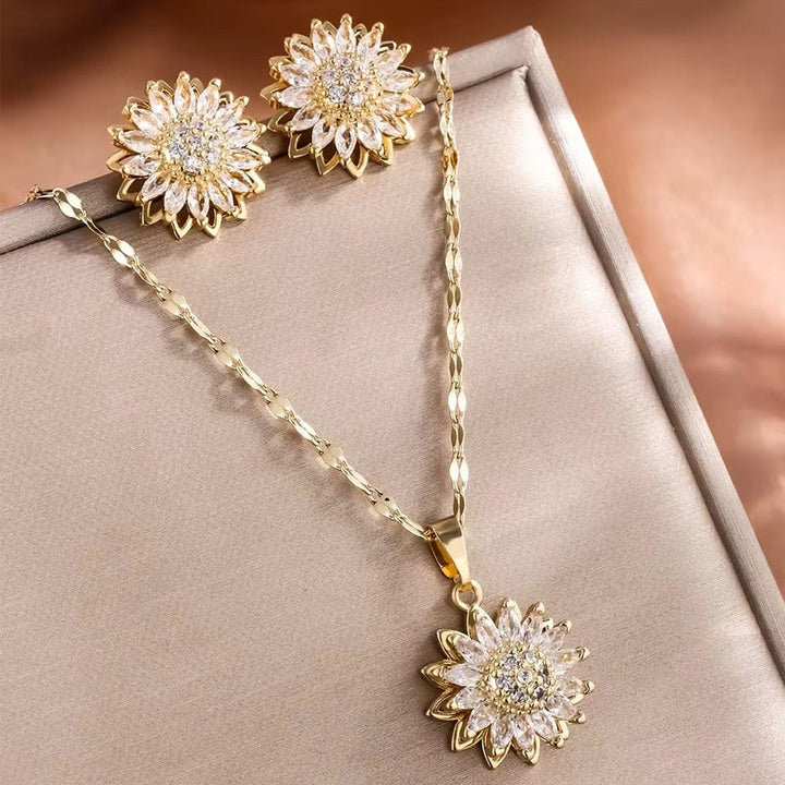 Trendy Zilveren Zonnebloem Zirkoon Ketting & Oorbellen Set